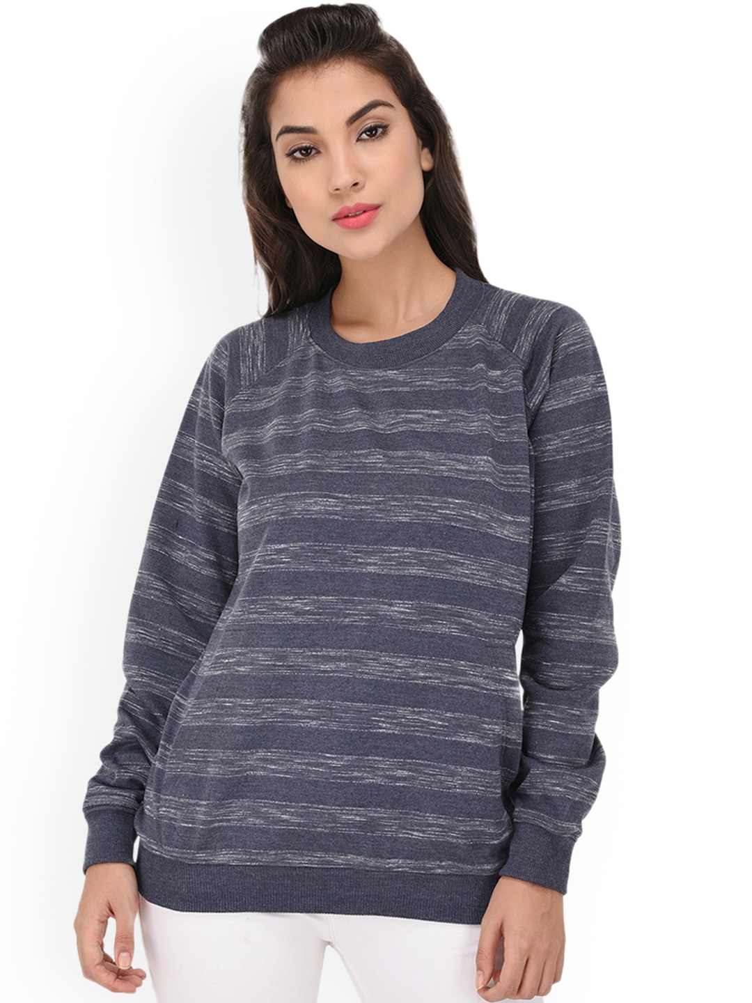 

PURYS Women Grey Striped Sweatshirt