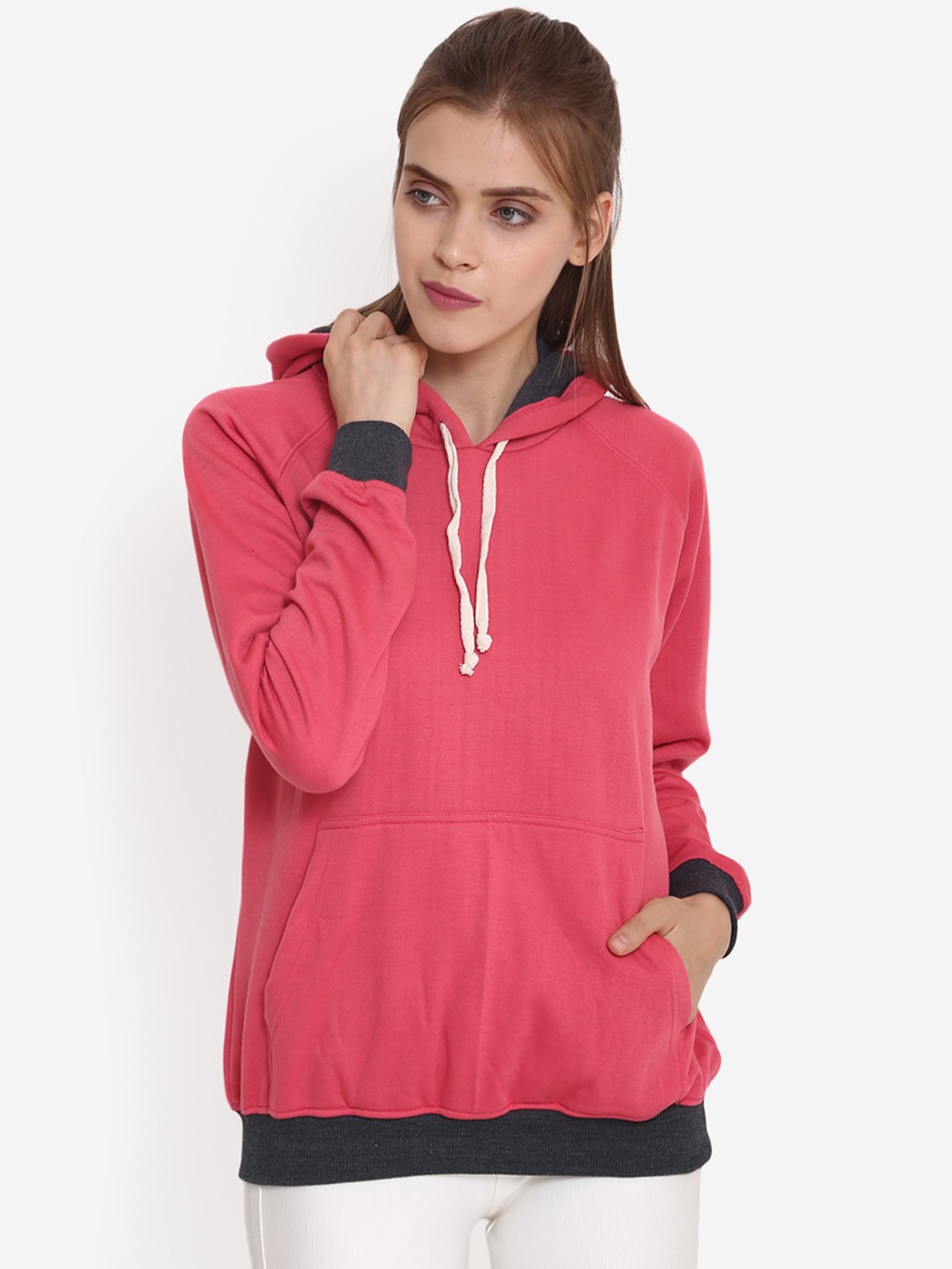

PURYS Women Pink Solid Hooded Sweatshirt