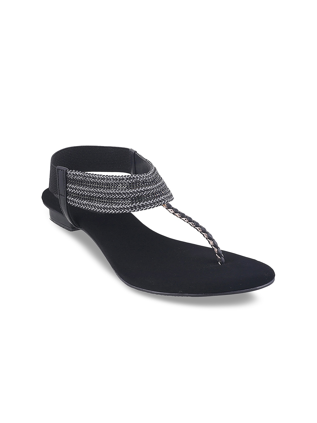 

Mochi Women Black Embellished Leather Party Open Toe Flats