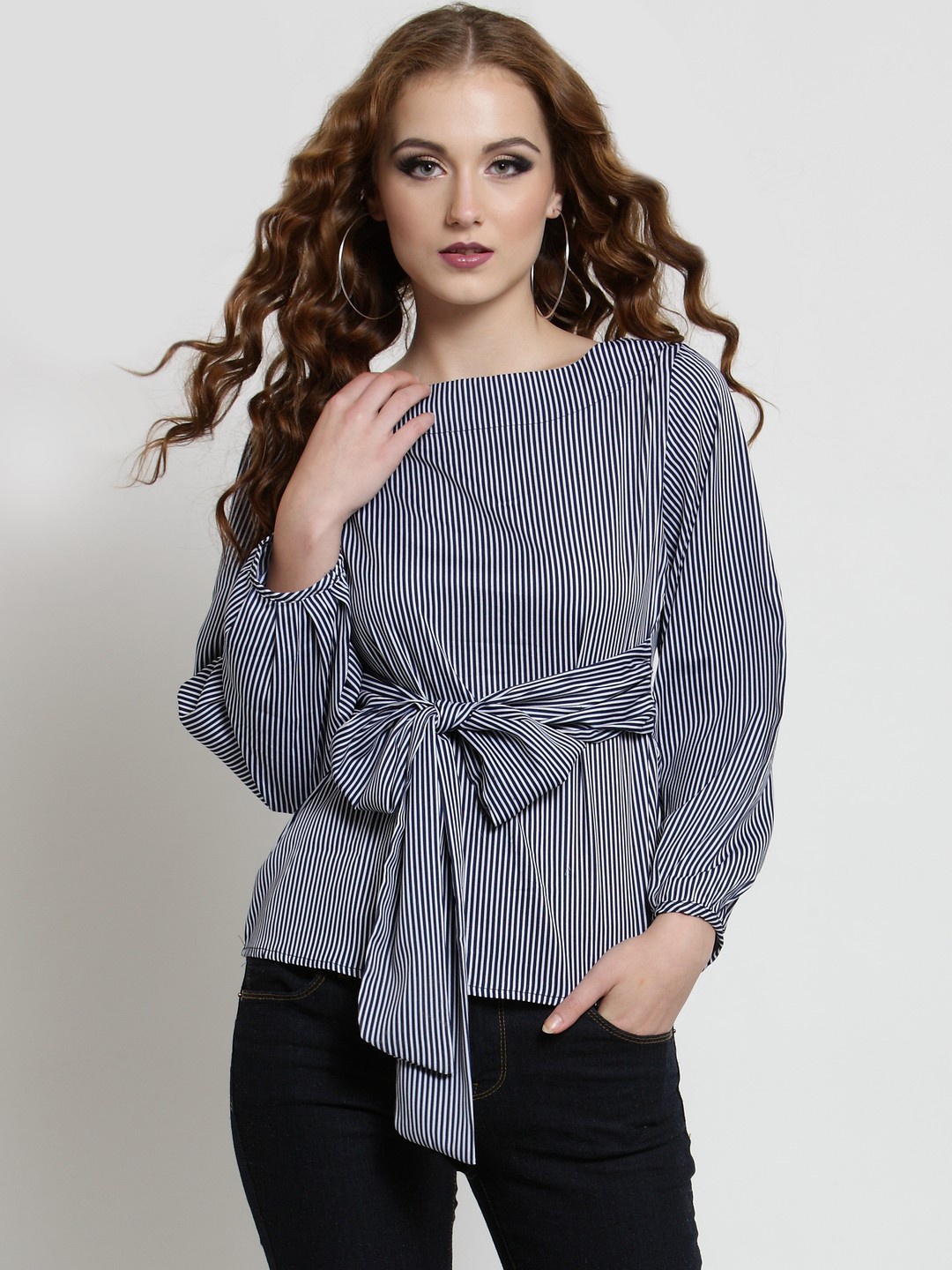 

Sera Women Navy Blue Striped Cinched Waist Top
