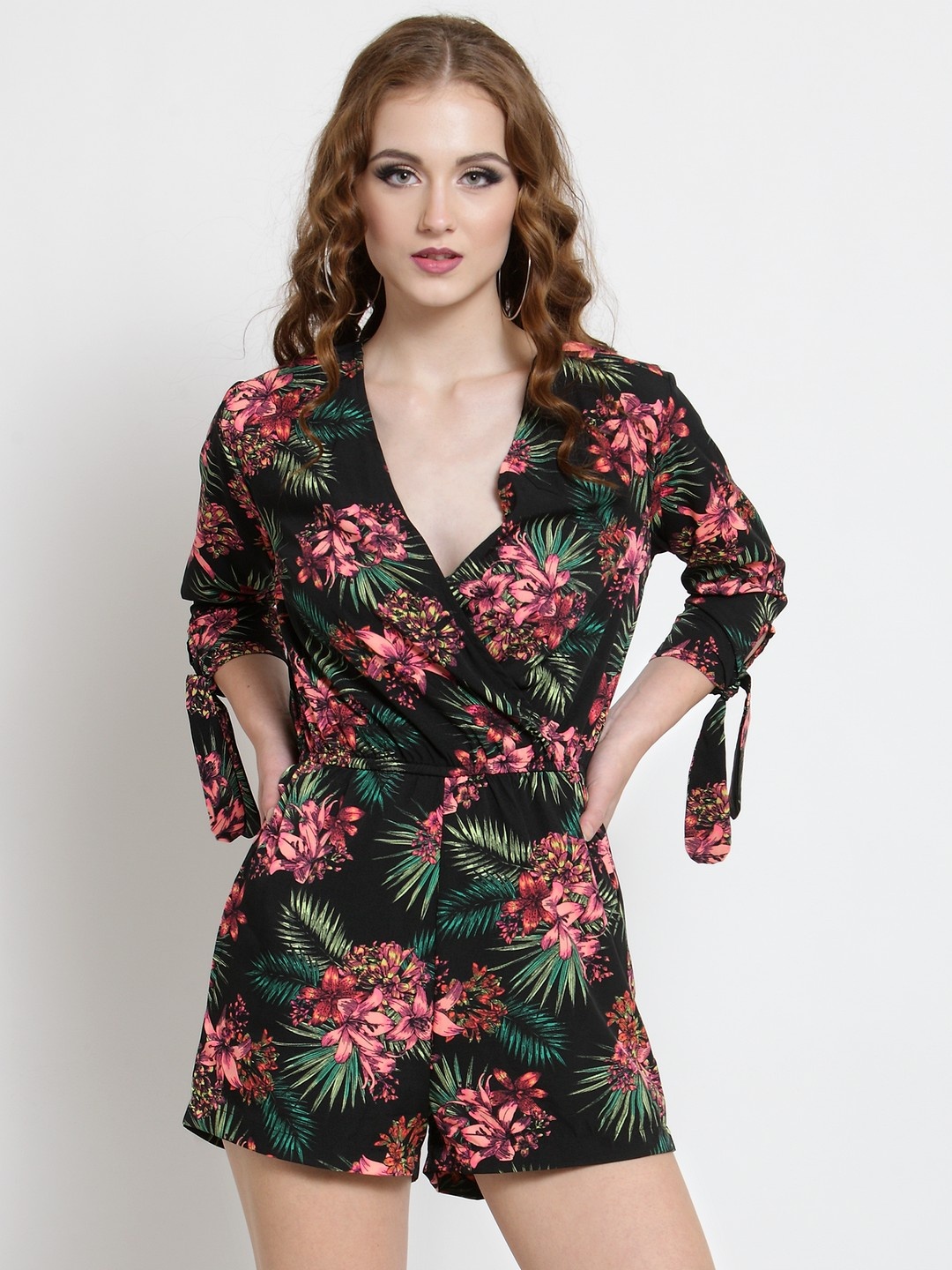 

Sera Black & Peach-Coloured Printed Wrap Playsuit