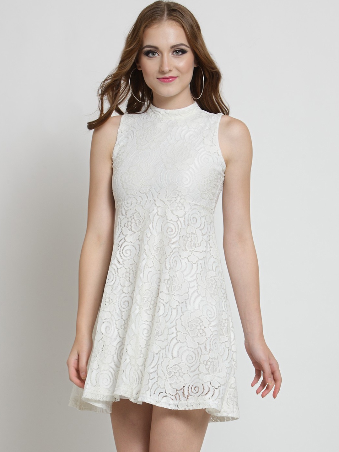 

Sera Women Off-White Self Design Fit and Flare Mini Dress