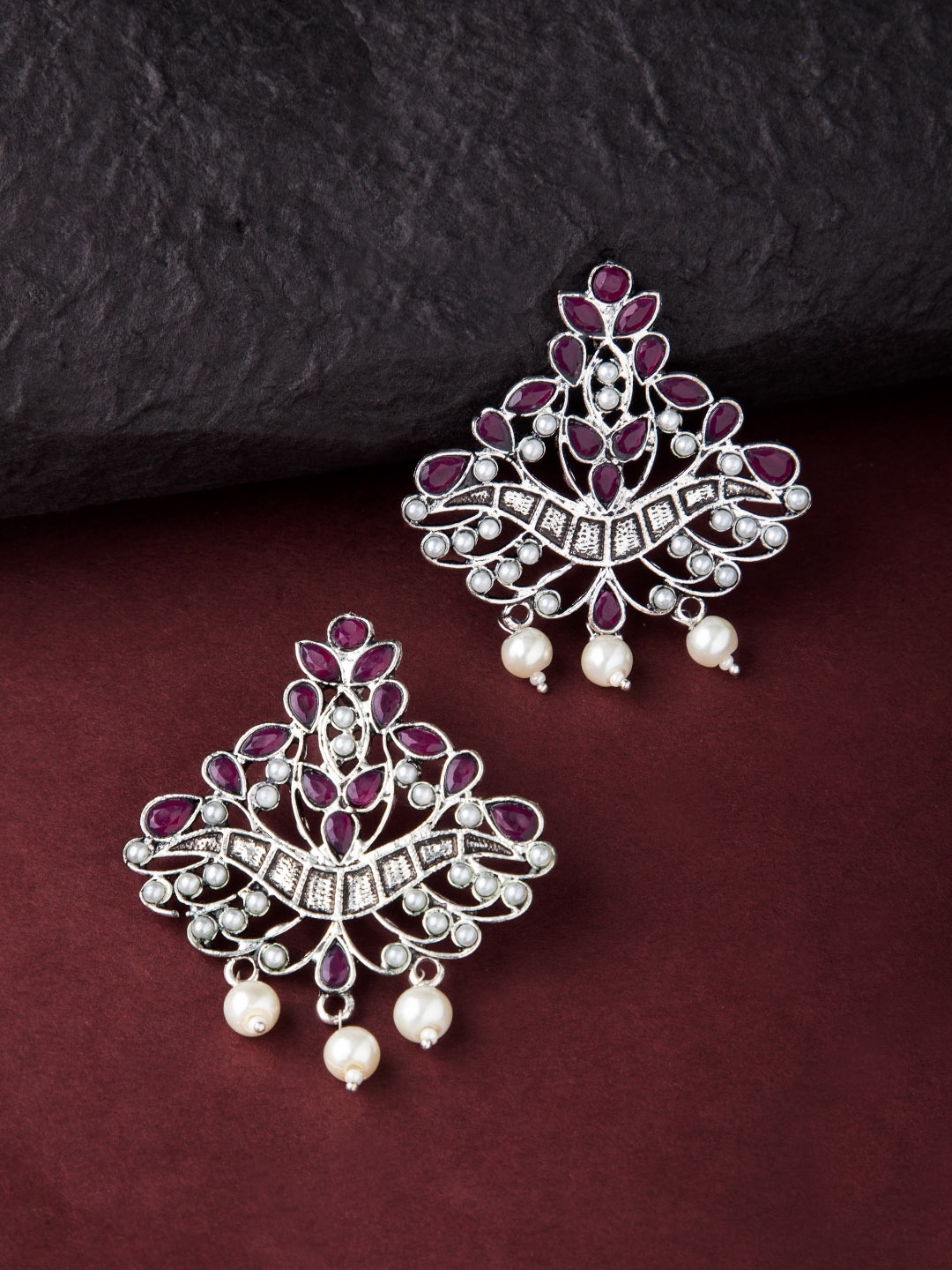 

Rubans Silver-Toned & Red Classic Drop Earrings