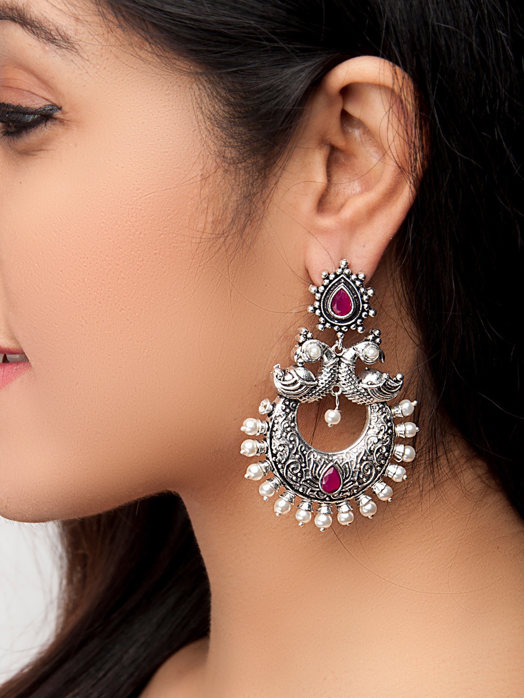 

Rubans Oxidised Silver Plated Ruby Red and Pearl Beaded Ethnic Chandbali Earrings