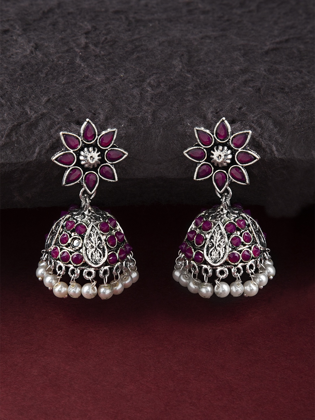 

Rubans Silver-Toned & Red Classic Jhumkas