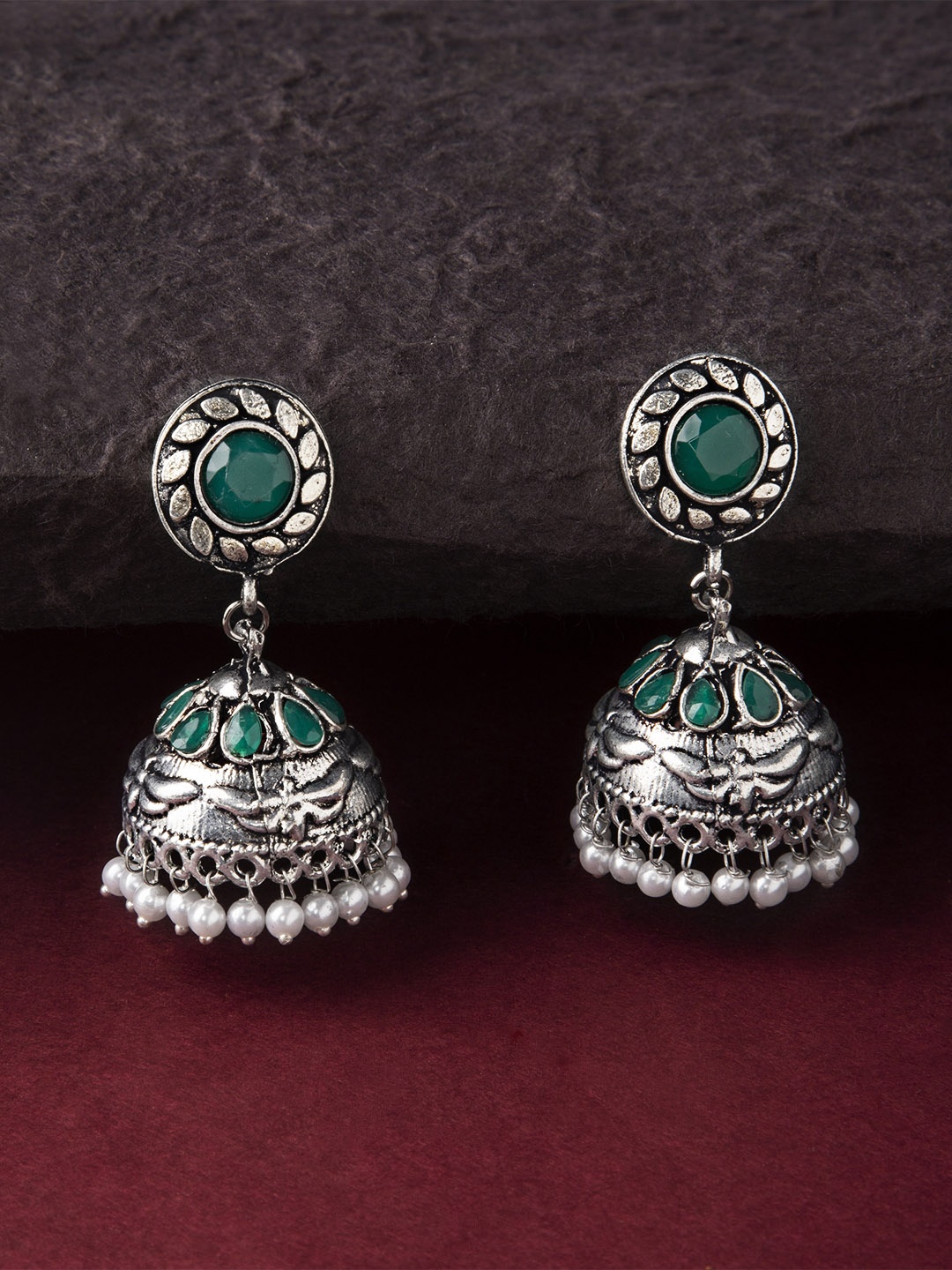 

Rubans Silver-Toned & Green Dome Shaped Handcrafted Jhumkas