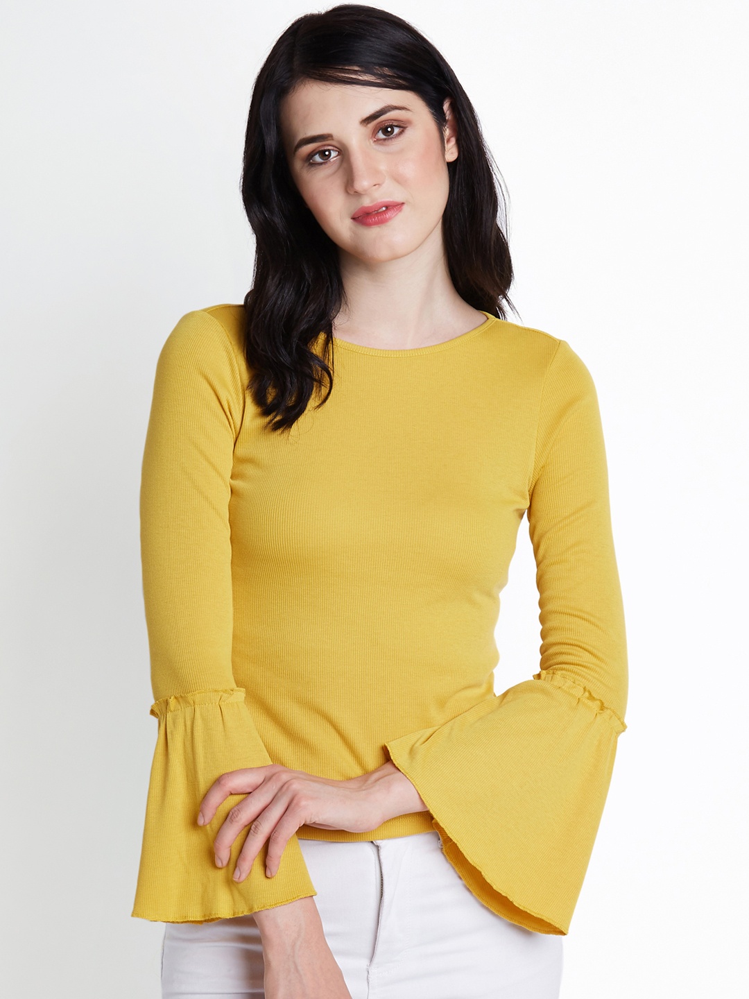 

Honey by Pantaloons Women Mustard Bell Sleeve Solid Top