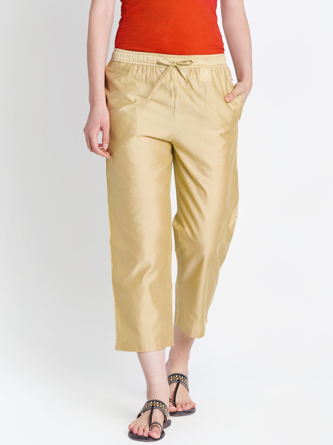 

RANGMANCH BY PANTALOONS Women Gold-Toned Regular Fit Solid Parallel Trousers
