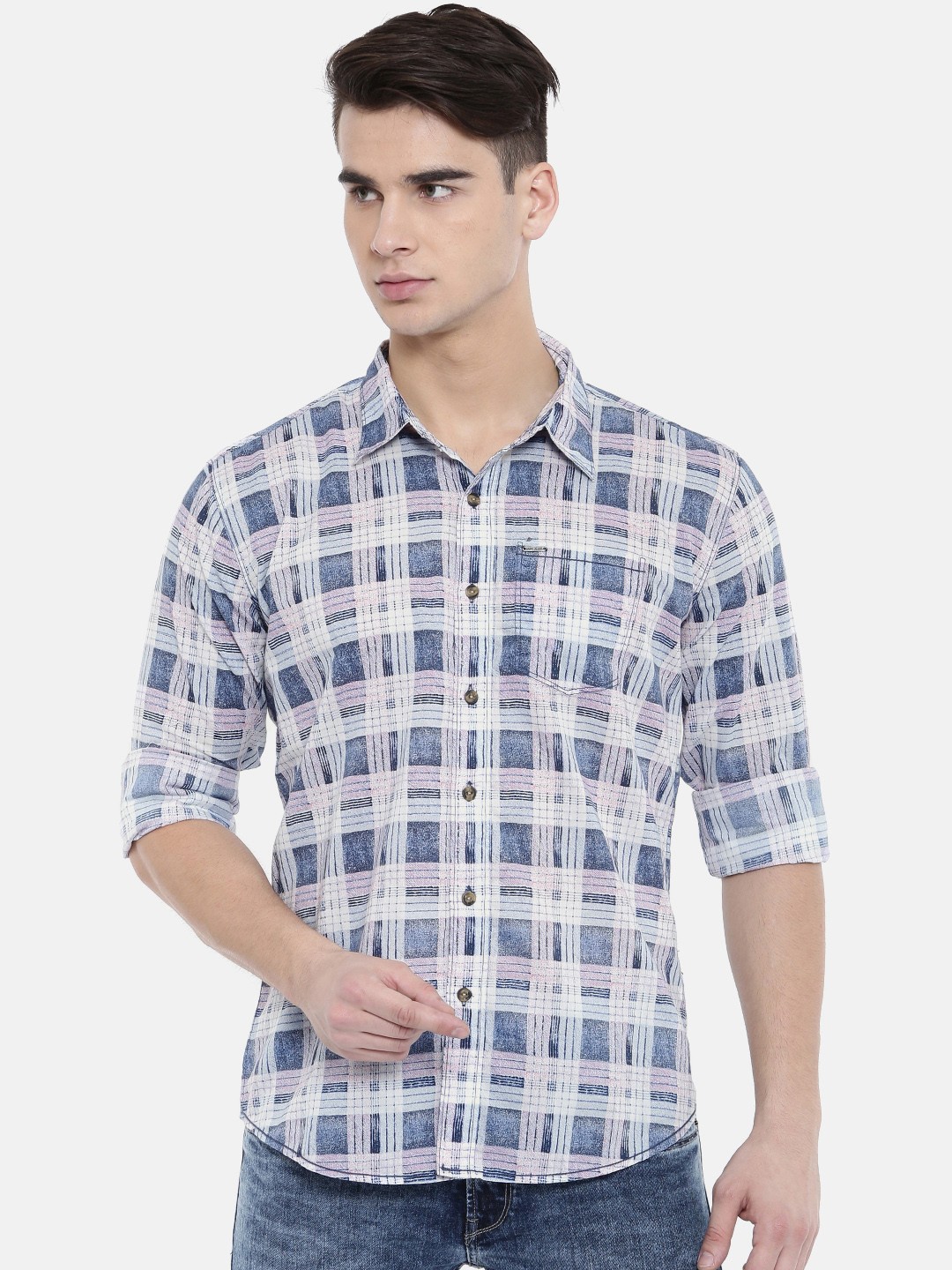 

Pepe Jeans Men Blue & White Slim Fit Checked Casual Shirt