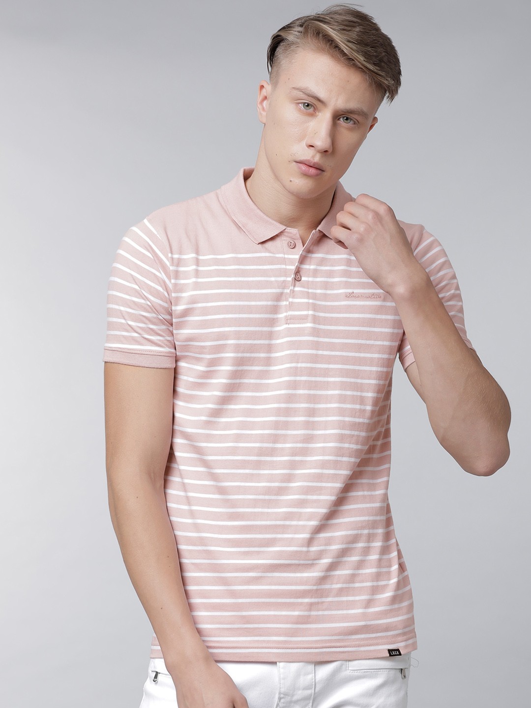 

LOCOMOTIVE Men Mauve & White Striped Polo Collar T-shirt