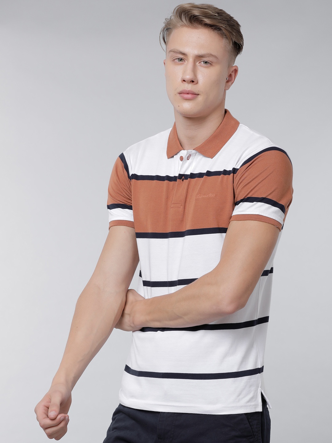

LOCOMOTIVE Men White & Rust Brown Striped Polo Collar T-shirt