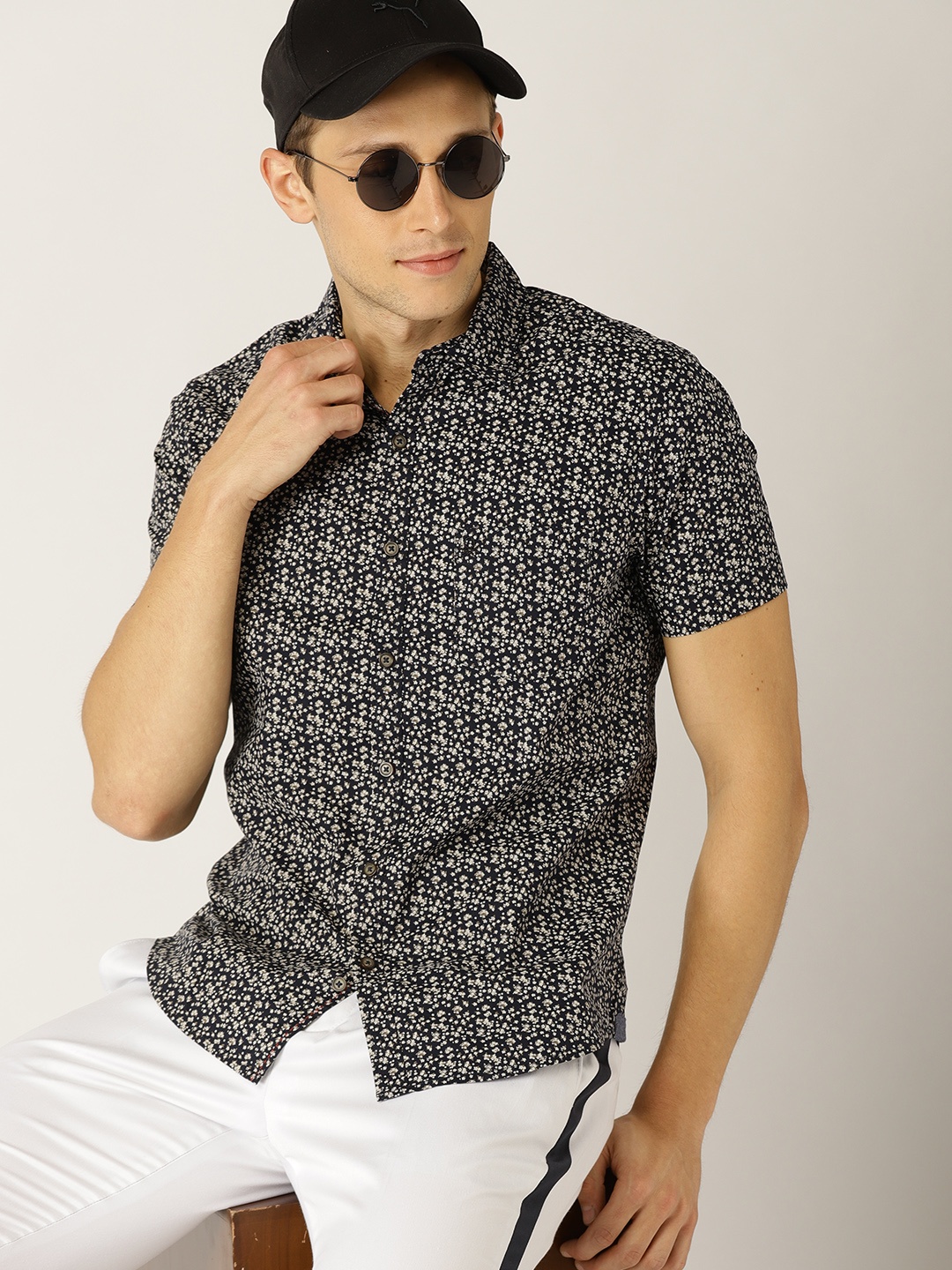 

United Colors of Benetton Men Navy & White Slim Fit Printed Casual Shirt, Navy blue