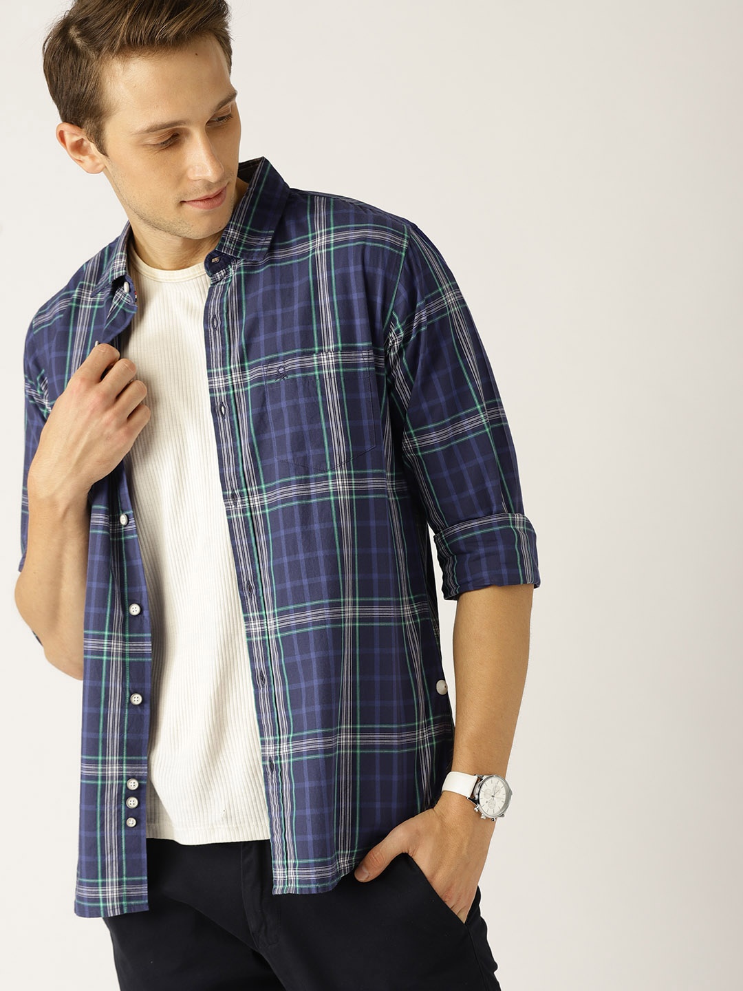 

United Colors of Benetton Men Purple & Green Slim Fit Checked Casual Shirt