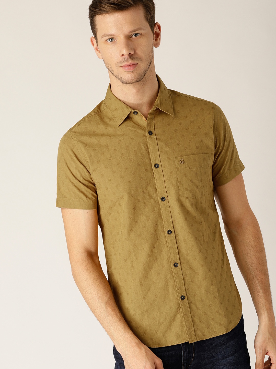

United Colors of Benetton Men Mustard Brown Slim Fit Self Design Casual Shirt