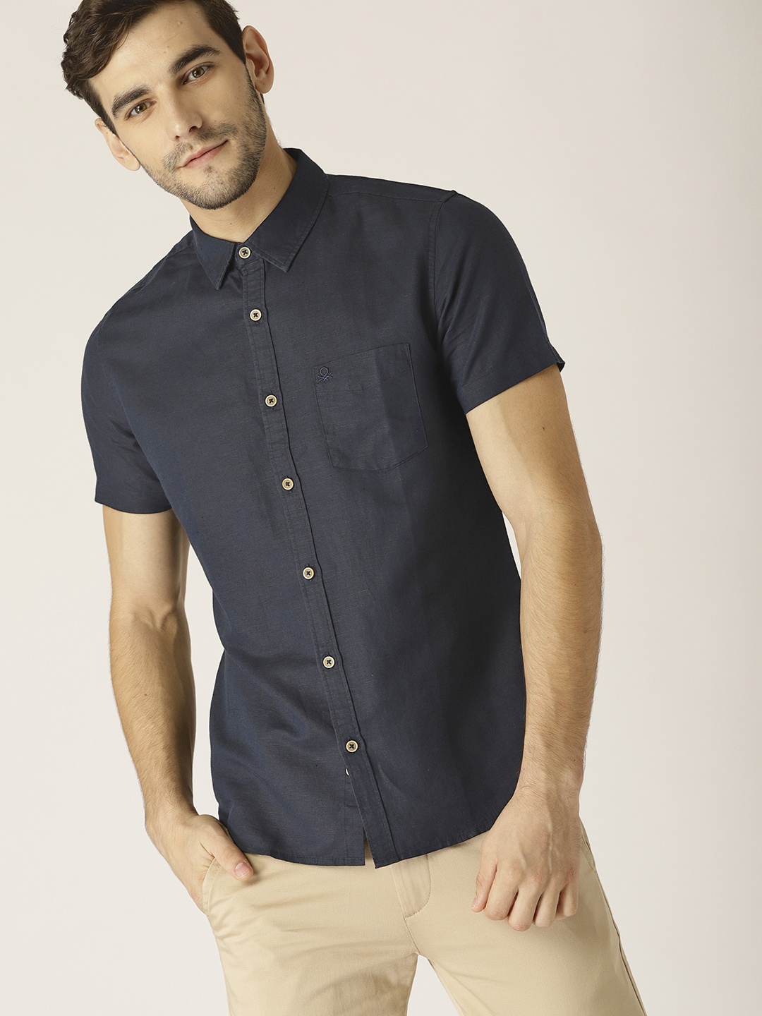 

United Colors of Benetton Men Navy Blue Slim Fit Solid Casual Shirt