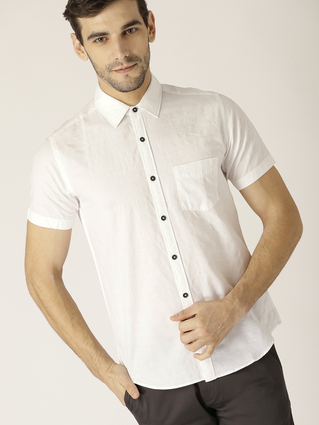 

United Colors of Benetton Men White Slim Fit Self Design Casual Shirt