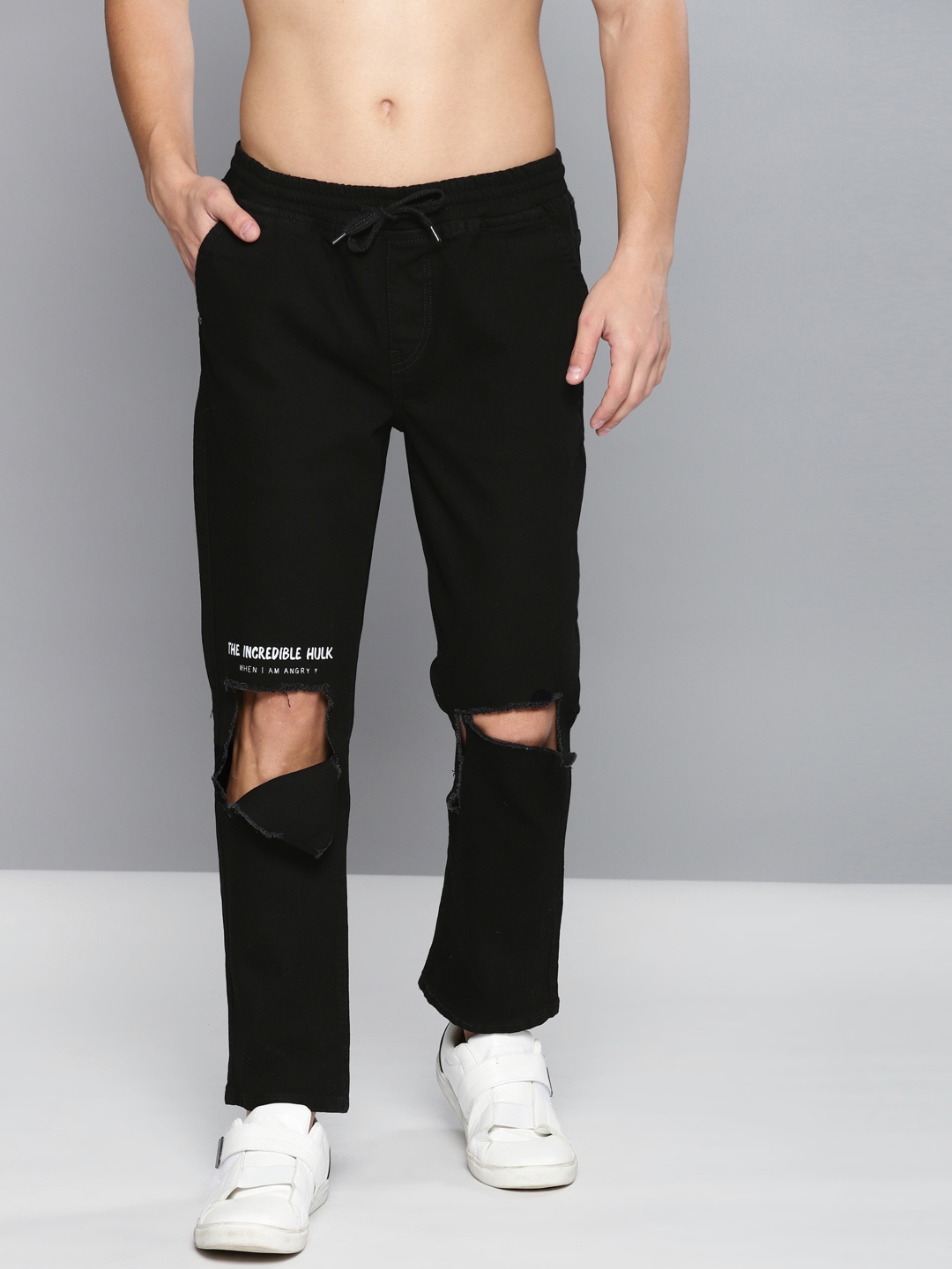 

Kook N Keech Marvel Men Black Slim Fit Mid-Rise Ripped Stretchable Jeans