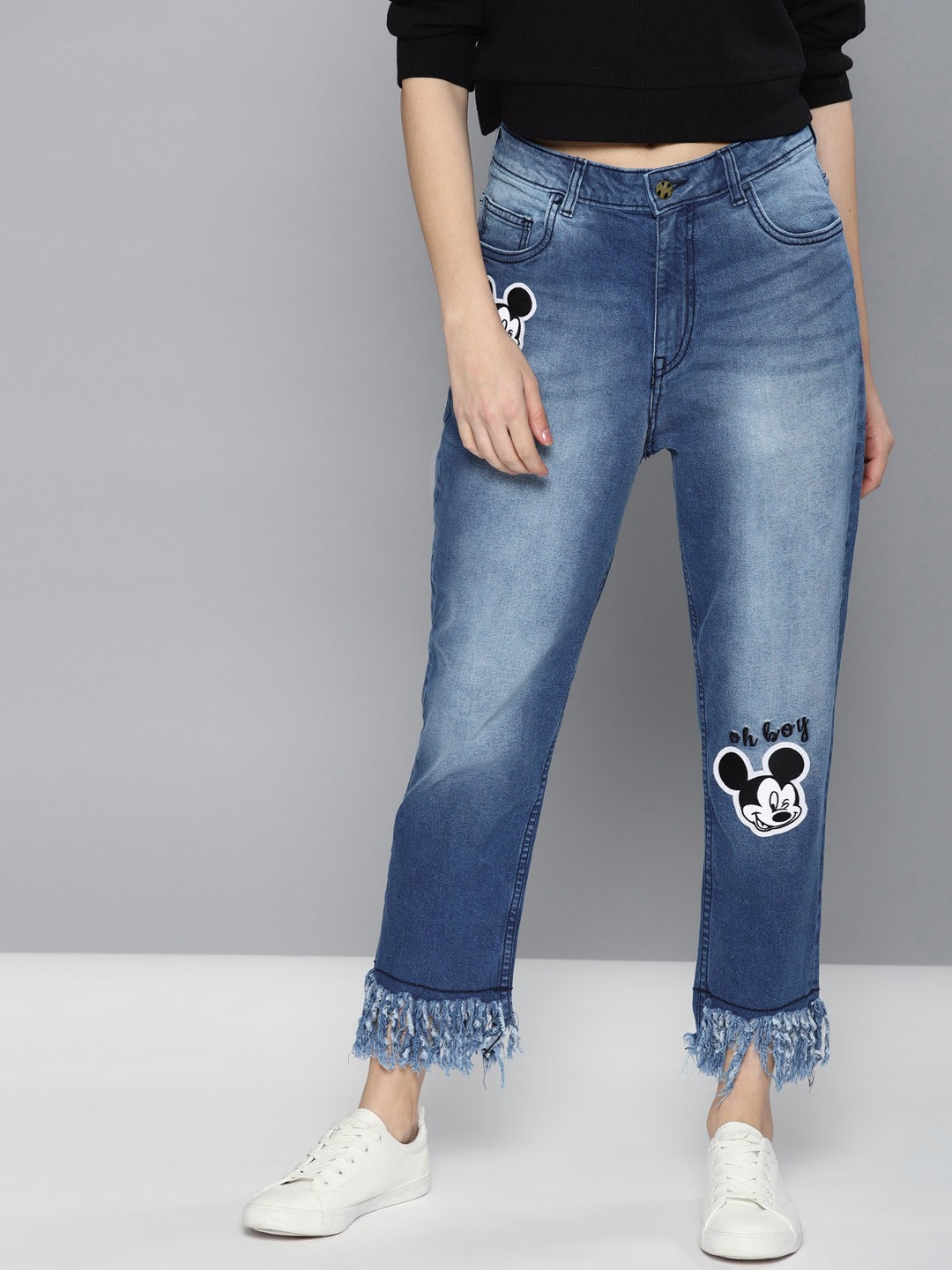 

Kook N Keech Disney Women Blue Boyfriend Fit Mid-Rise Clean Look Stretchable Cropped Jeans