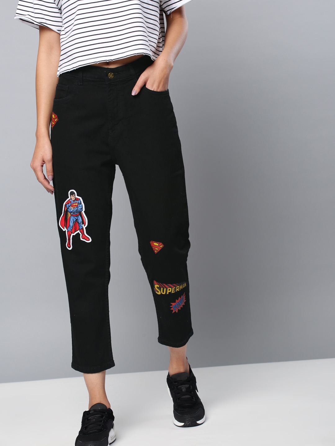 

Justice League Women Black Boyfriend Fit Mid-Rise Clean Look Stretchable Cropped Jeans