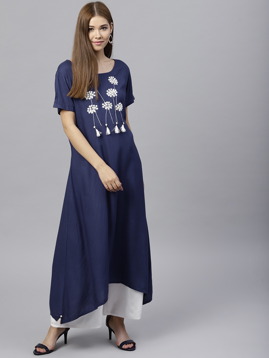 

Pannkh Women Navy Blue Yoke Design Asymmetric A-Line Kurta