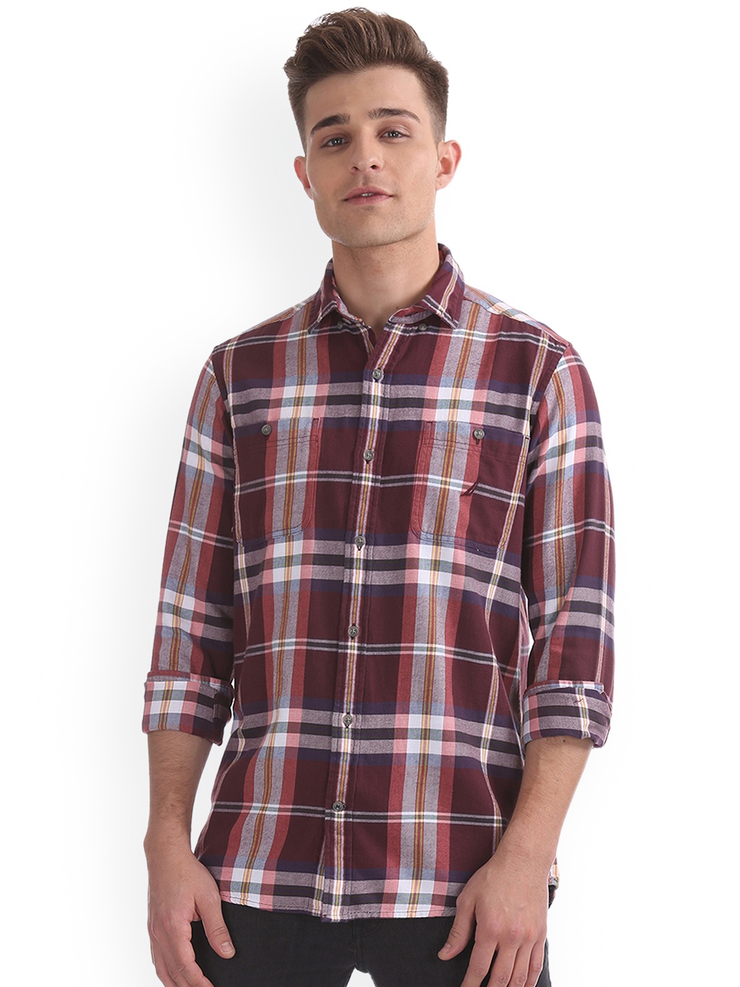 

Nautica Men Burgundy & Grey Regular Fit Checked Casual Shirt
