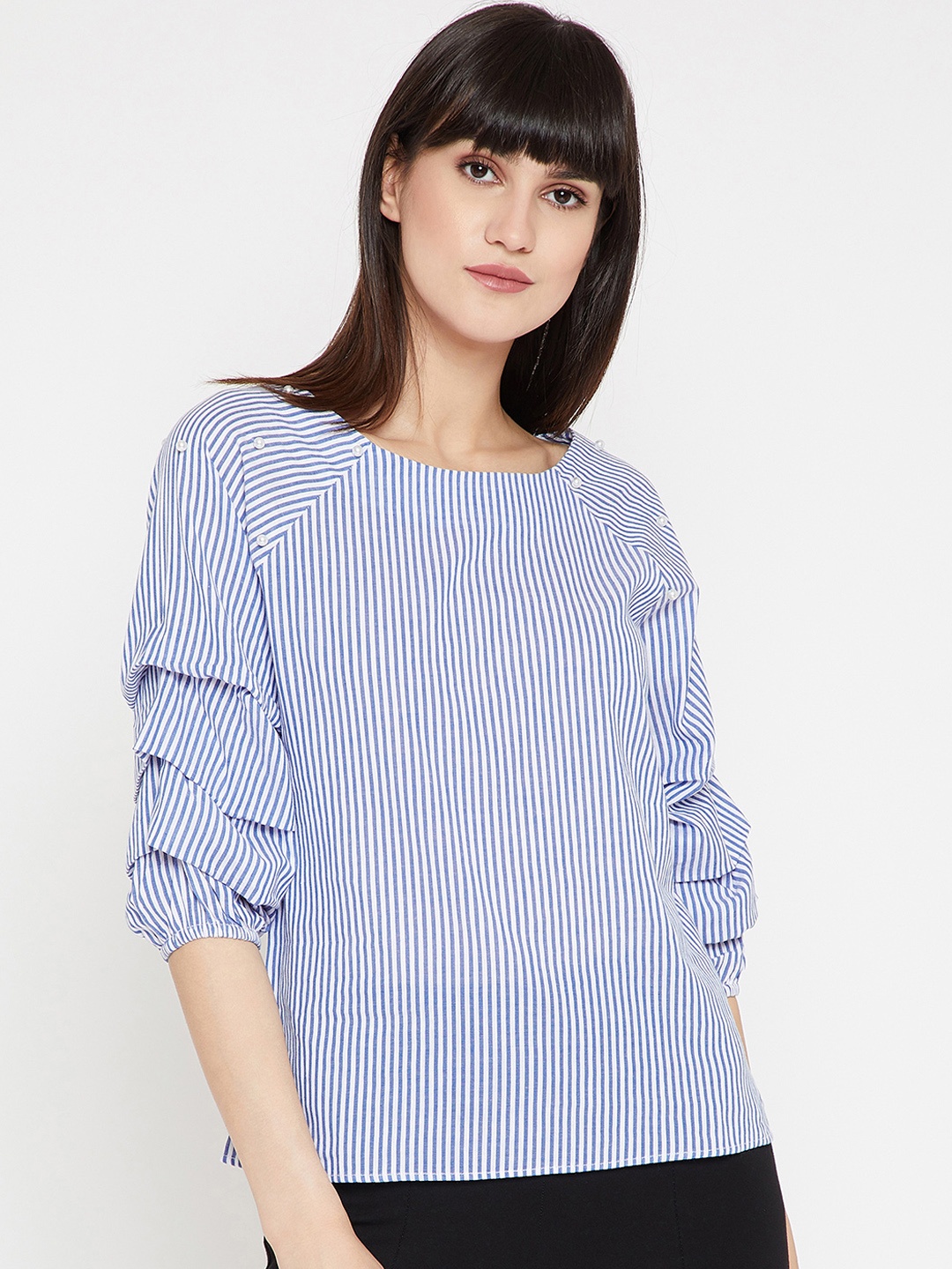 

Marie Claire Women Blue Striped Pure Cotton Top