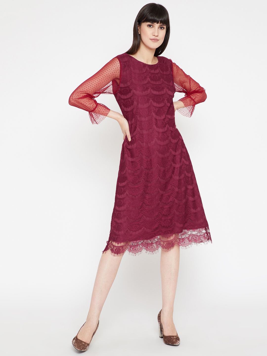 

Marie Claire Women Maroon Self Design A-Line Dress