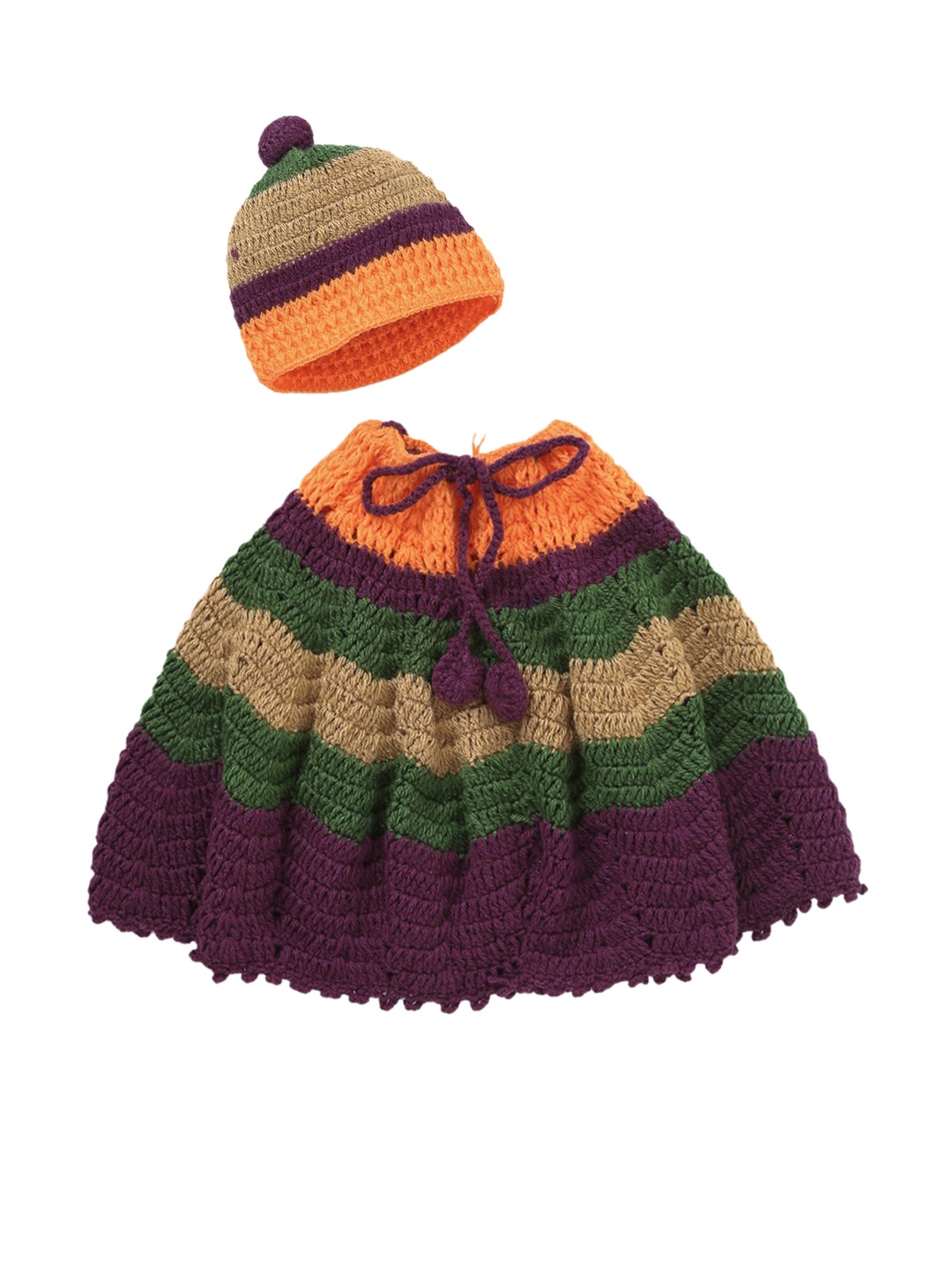 

CHUTPUT Girls Purple & Green Striped Wollen Poncho