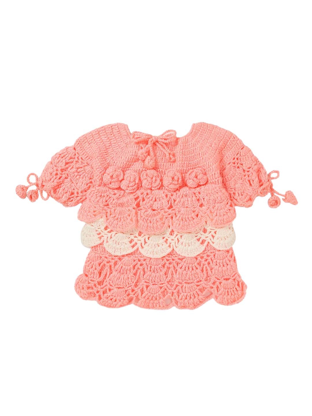

CHUTPUT Girls Peach-Coloured Self Design A-Line Wollen Dress