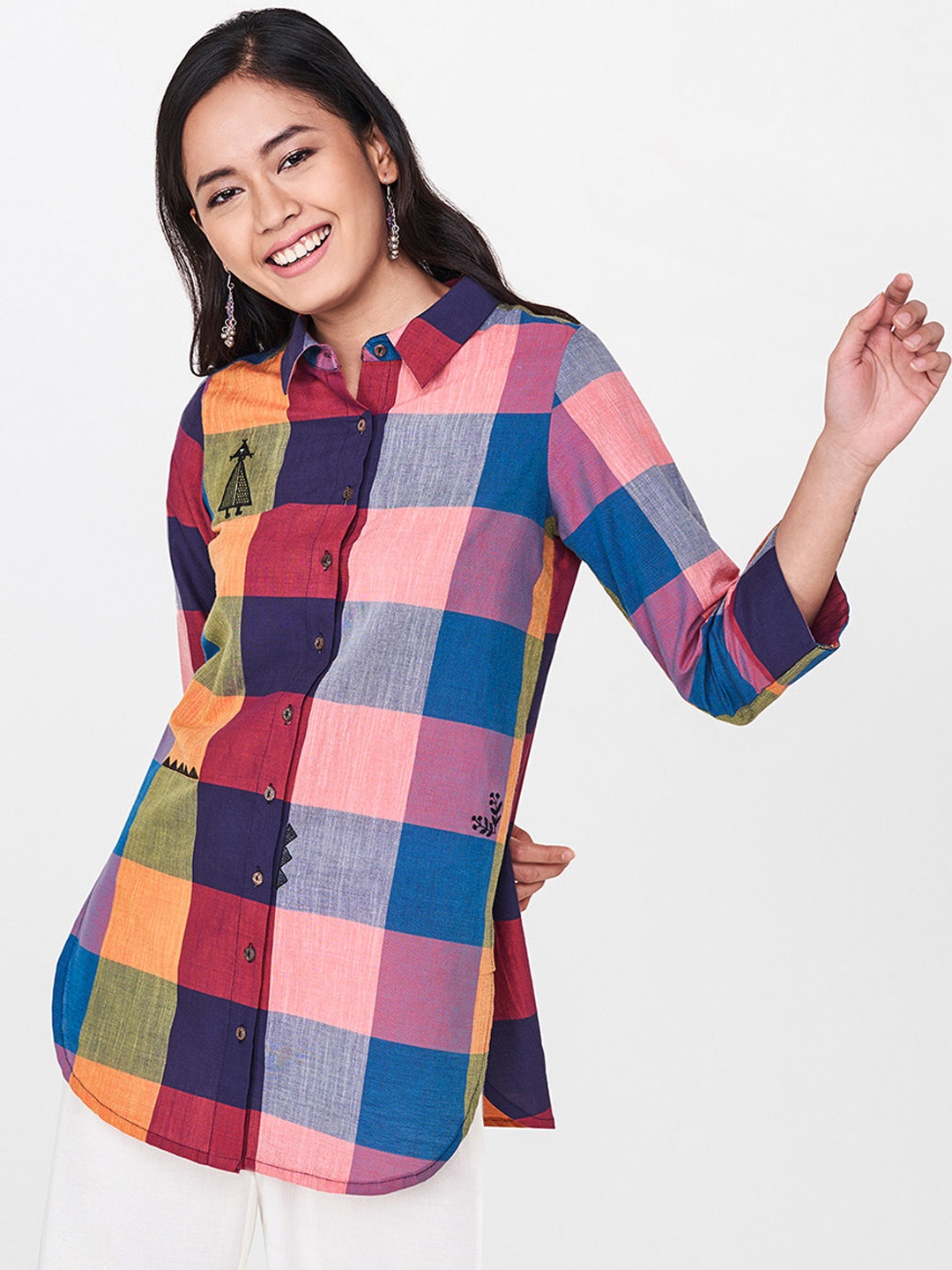 

Global Desi Women Multicoloured Checked Shirt Style Top, Multi