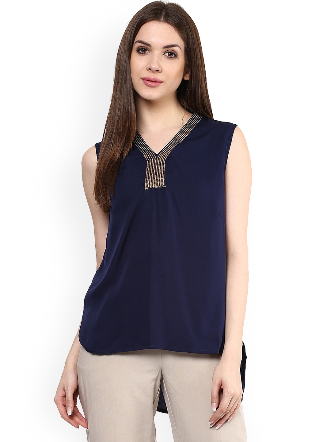 

Mayra Women Navy Blue Embellished High-Low Longline Top