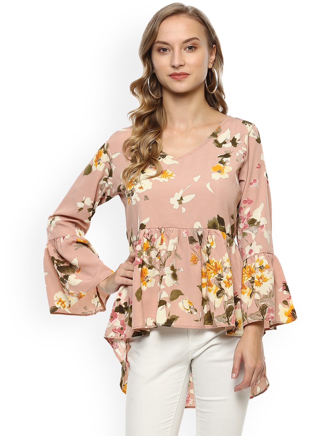 

Mayra Women Beige Floral Printed High-Low Top