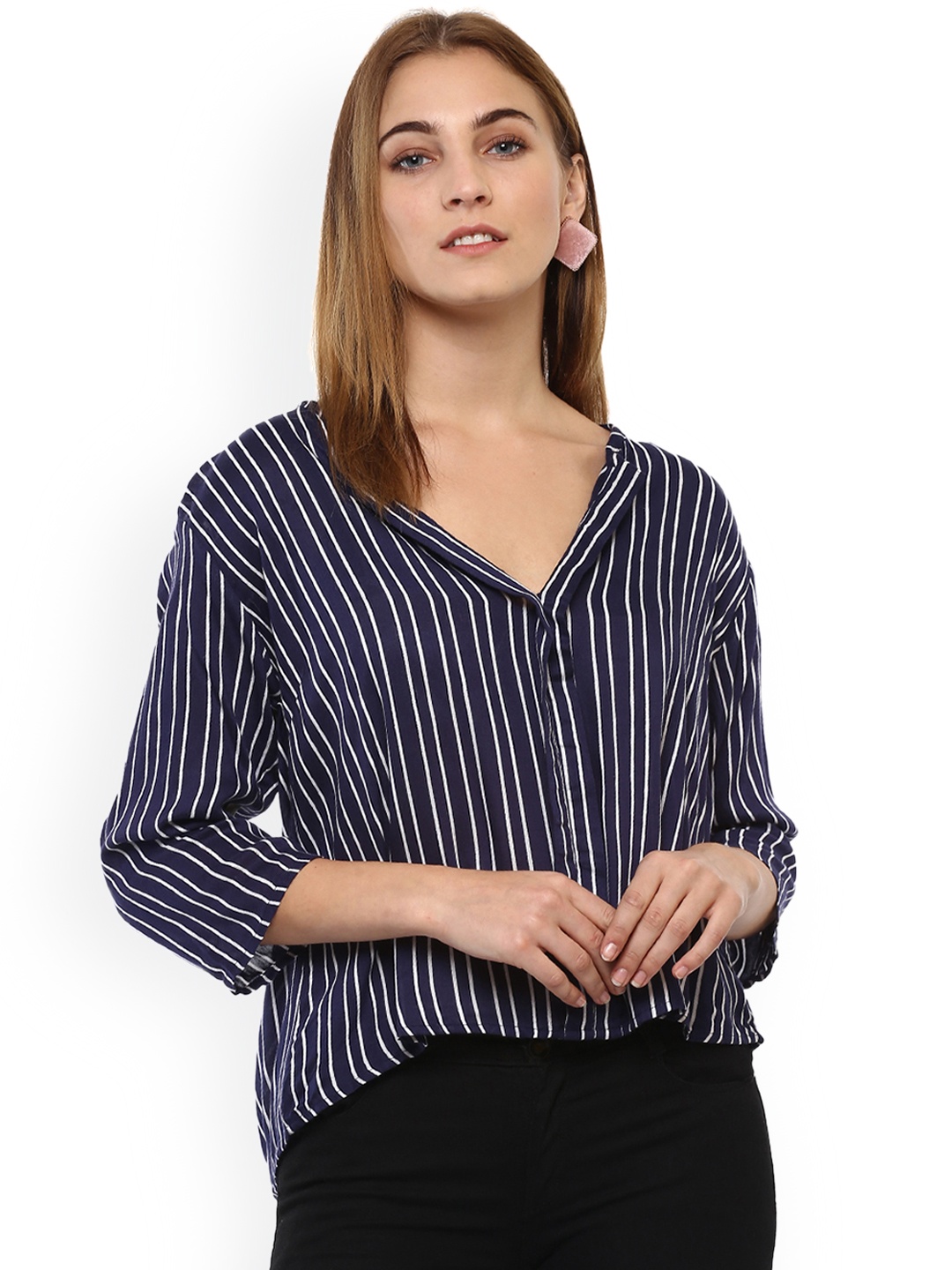 

Mayra Navy Blue Striped A-Line Top