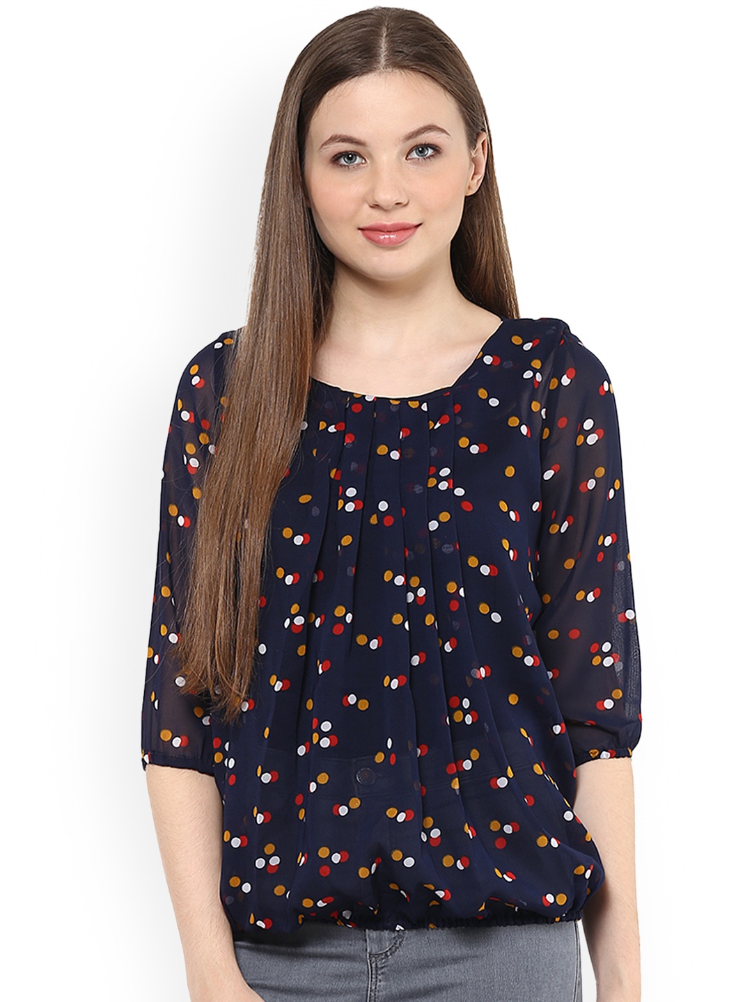

Mayra Women Navy Blue Printed Blouson Top