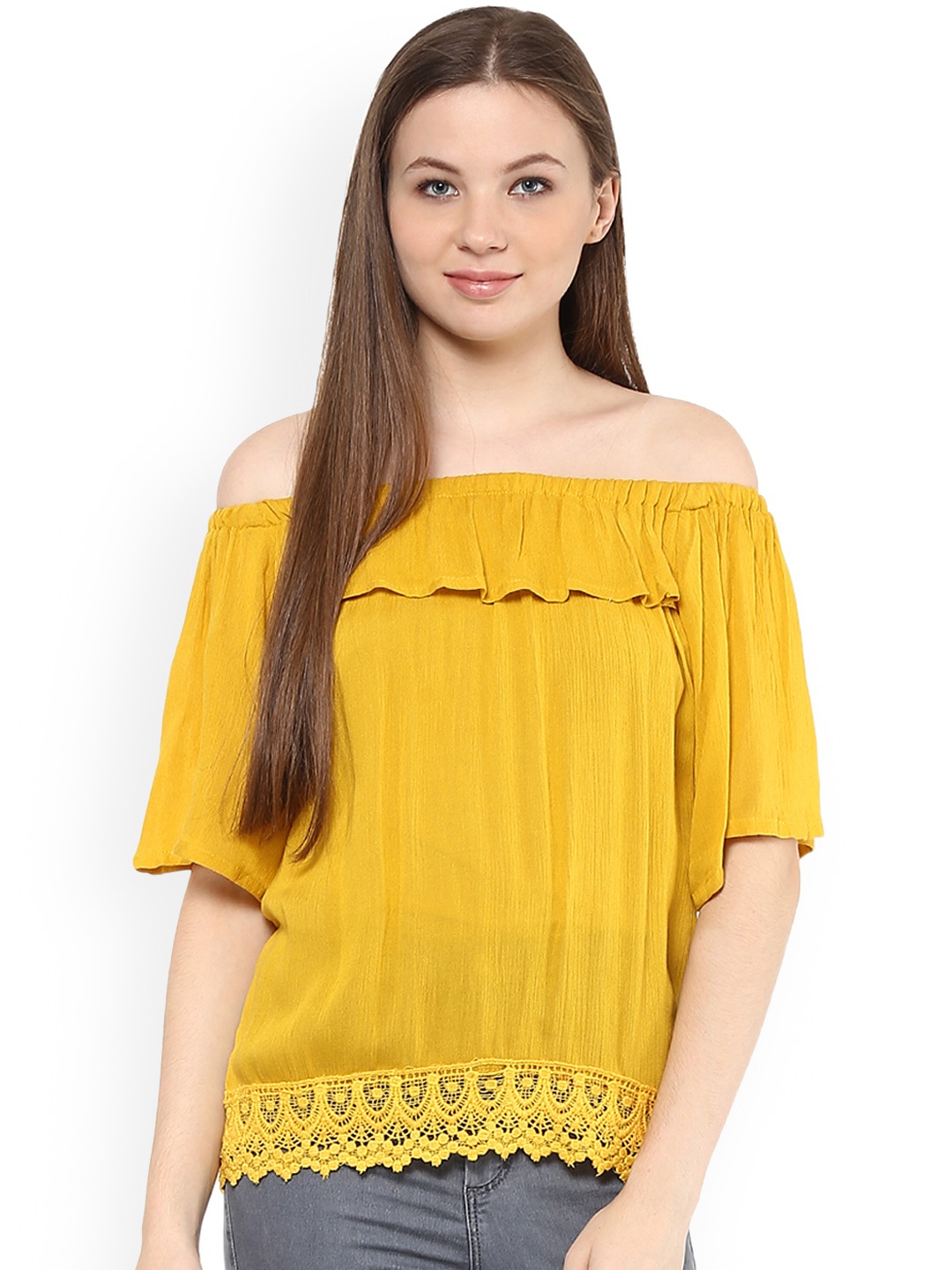 

Mayra Women Yellow Self Design Bardot Top