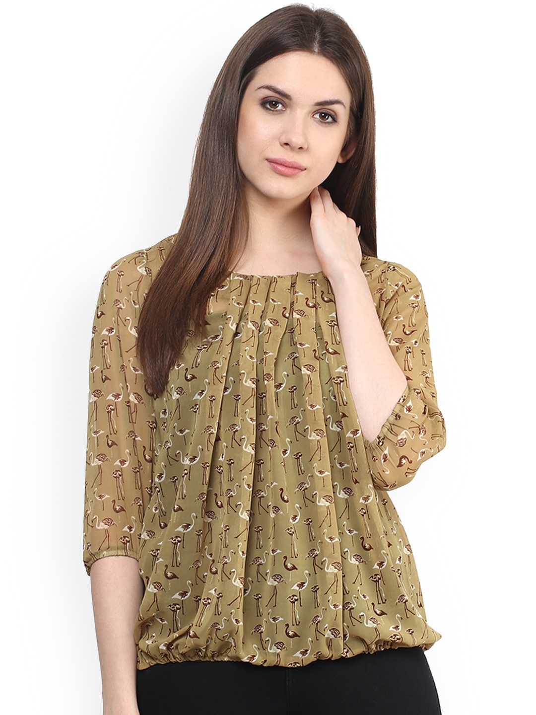 

Mayra Women Olive Green Printed Blouson Top