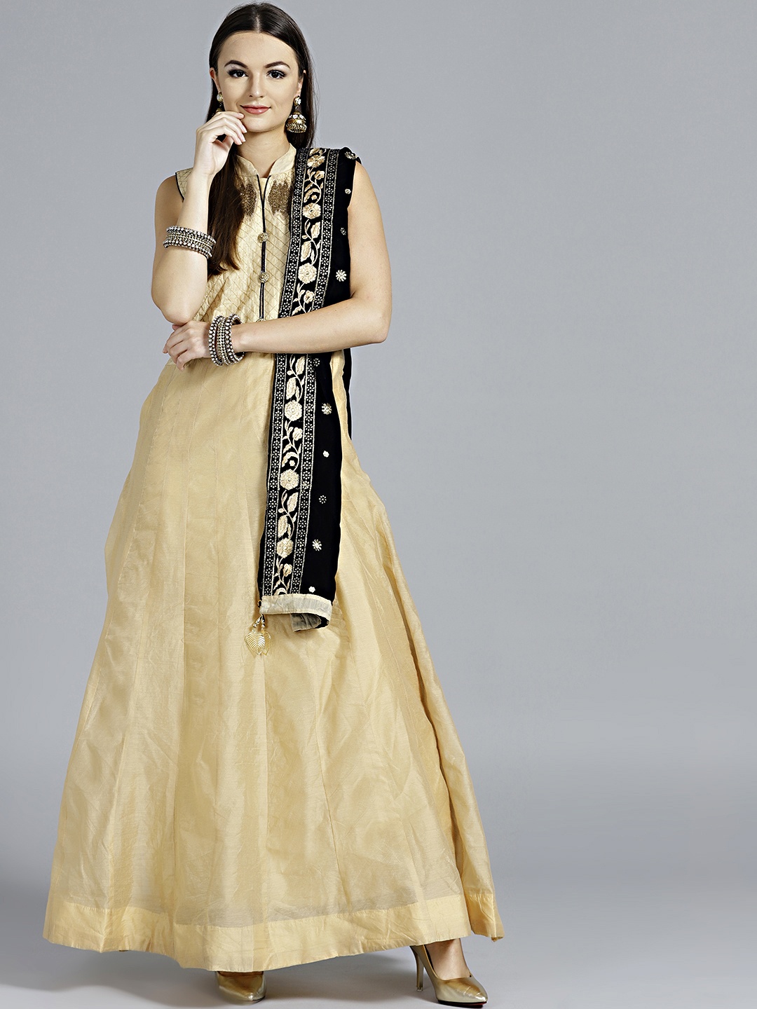 

Chhabra 555 Beige Embroidered Made to Measure Anarkali Kurta with Churidar & Dupatta