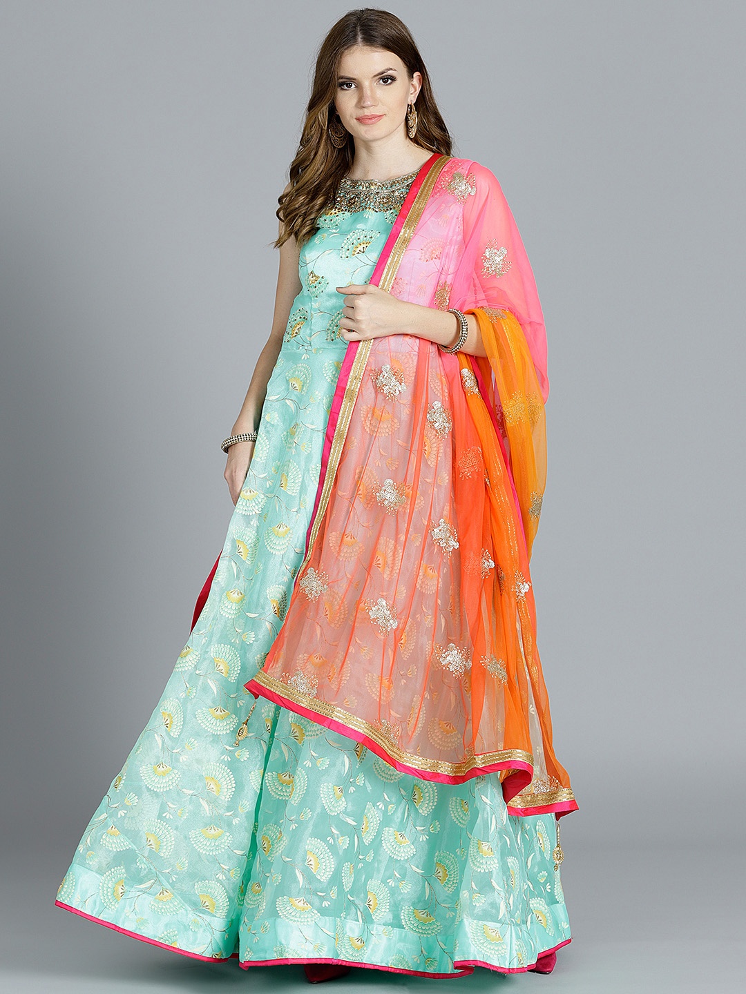 

Chhabra 555 Sea Green Printed Made to Measure Kurta with Churidar & Dupatta
