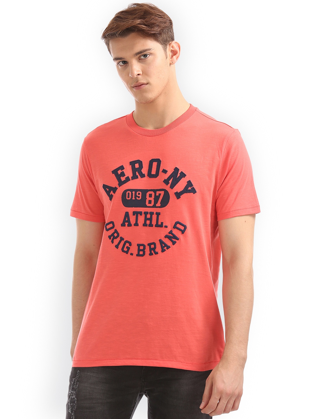 

Aeropostale Men Orange Solid Round Neck T-shirt