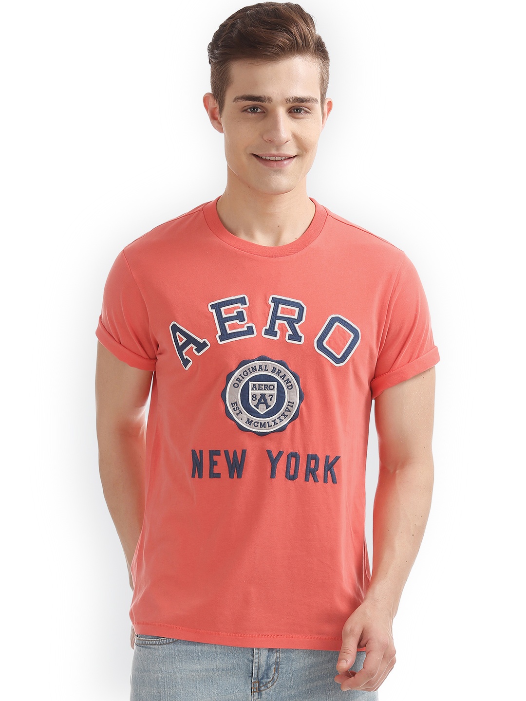 

Aeropostale Men Coral Orange Embroidered Round Neck T-shirt