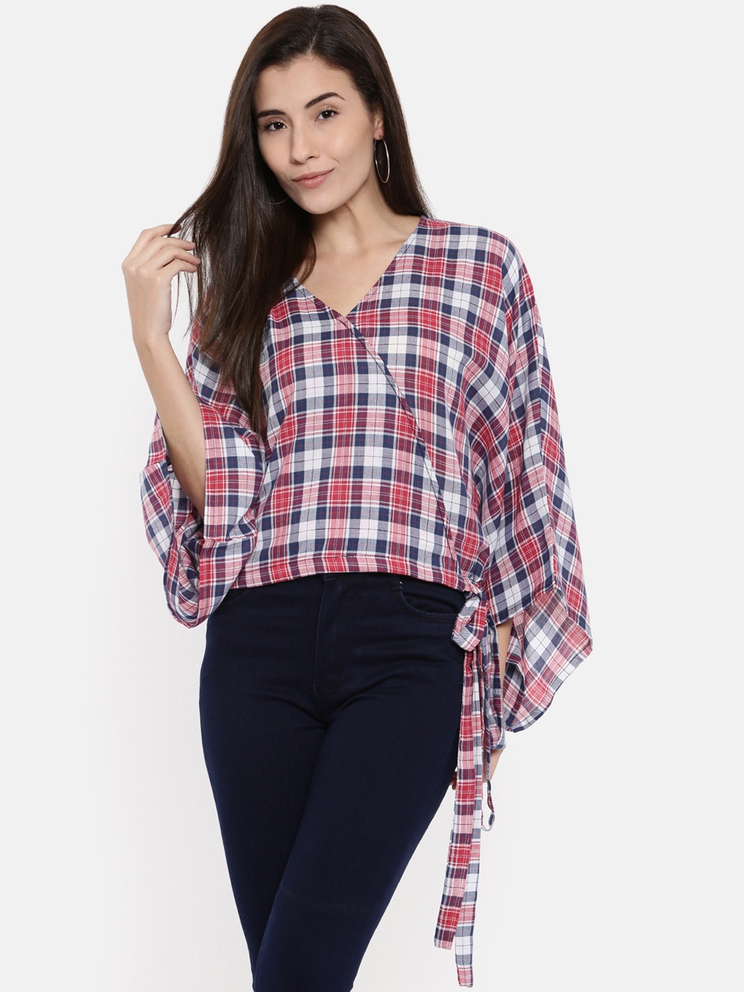 

The Kaftan Company Women Red Checked Cropped Wrap Top
