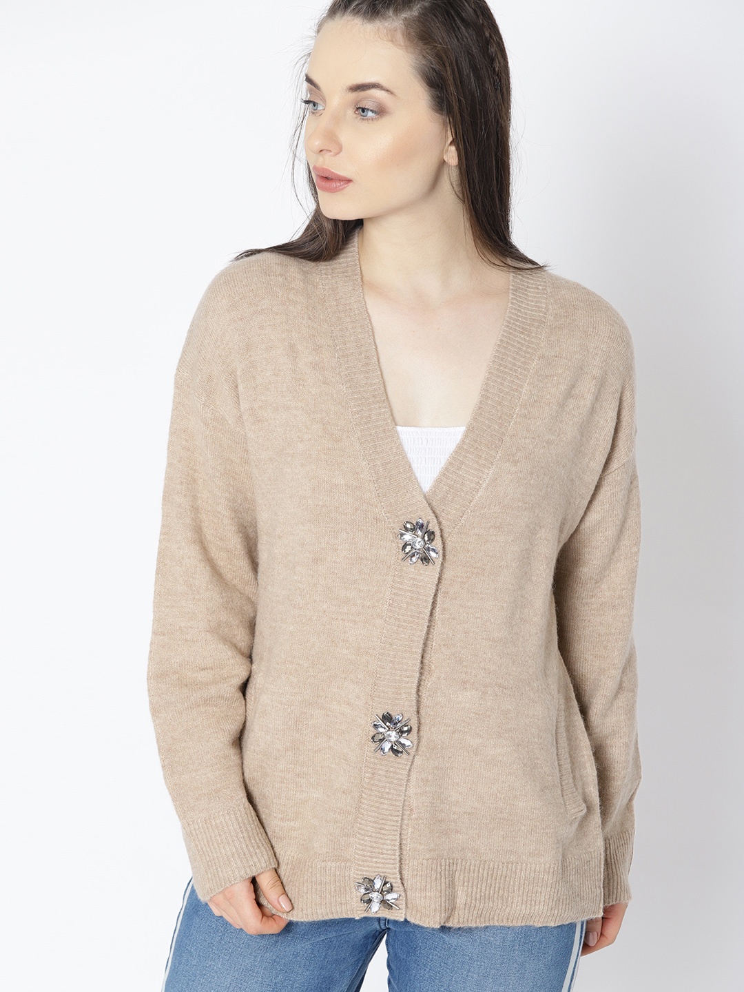 

MANGO Women Beige Solid Cardigan
