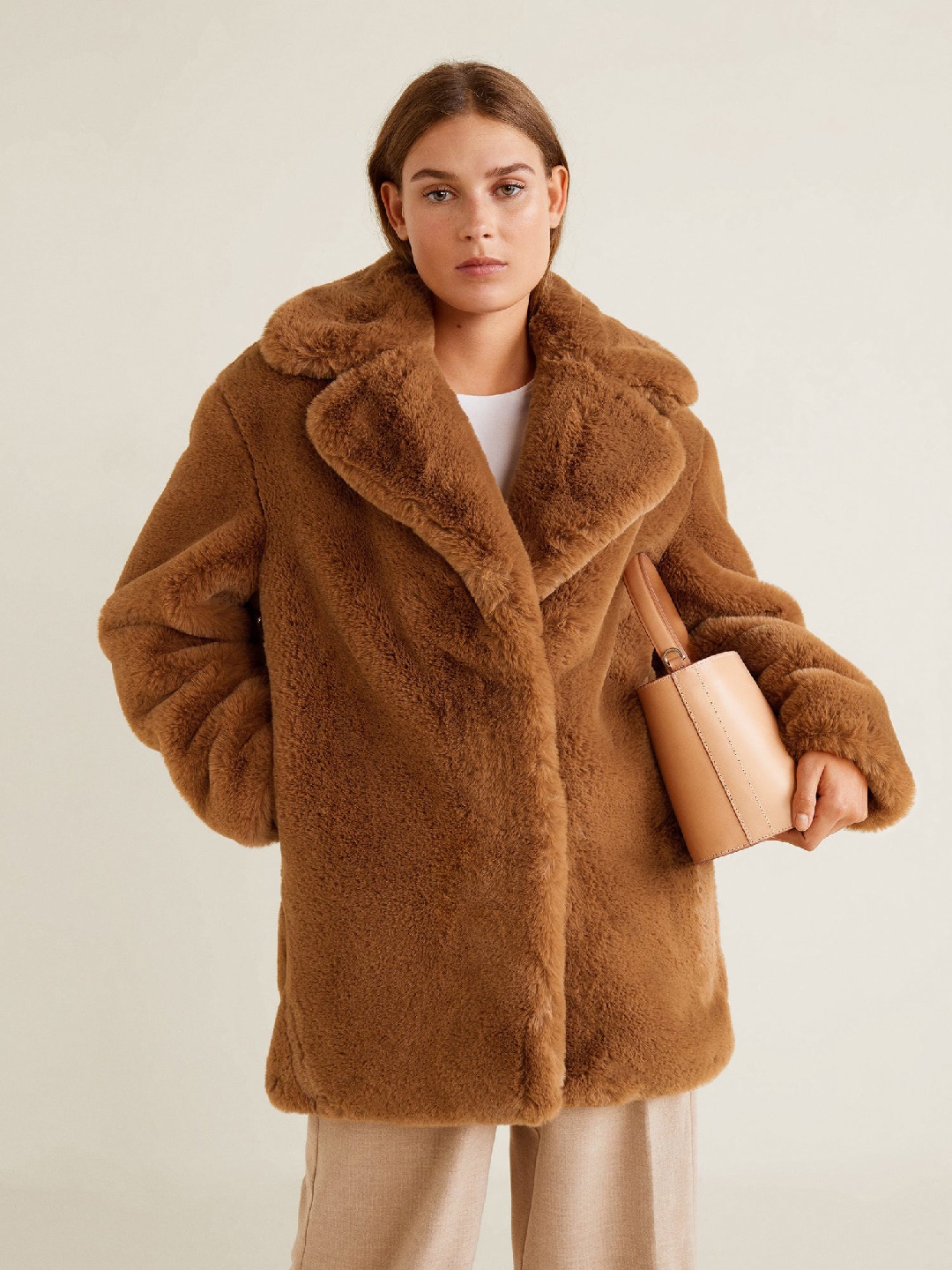 

MANGO Women Brown Longline Faux Fur Overcoat