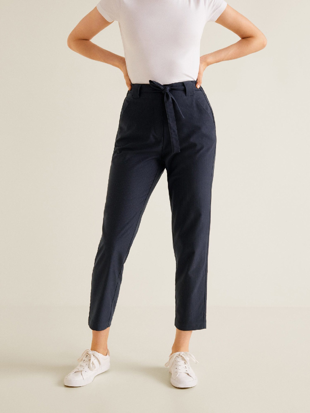 

MANGO Women Navy Regular Fit Striped Cropped Peg Trousers, Navy blue