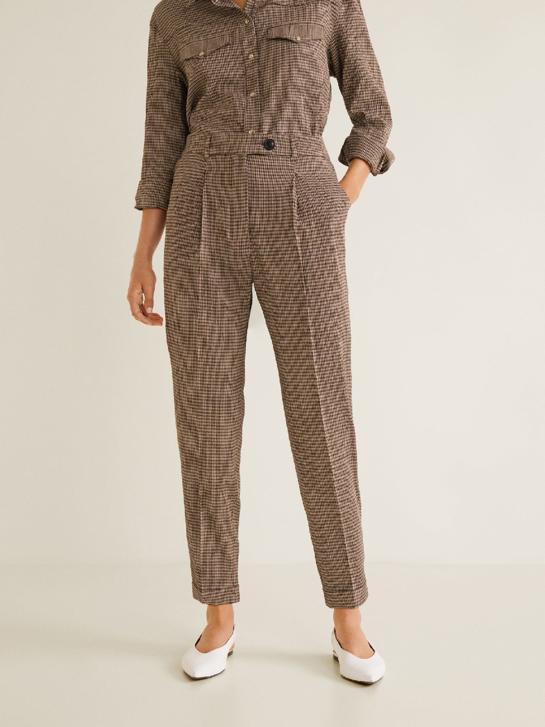 

MANGO Women Brown Regular Fit Checked Regular Trousers