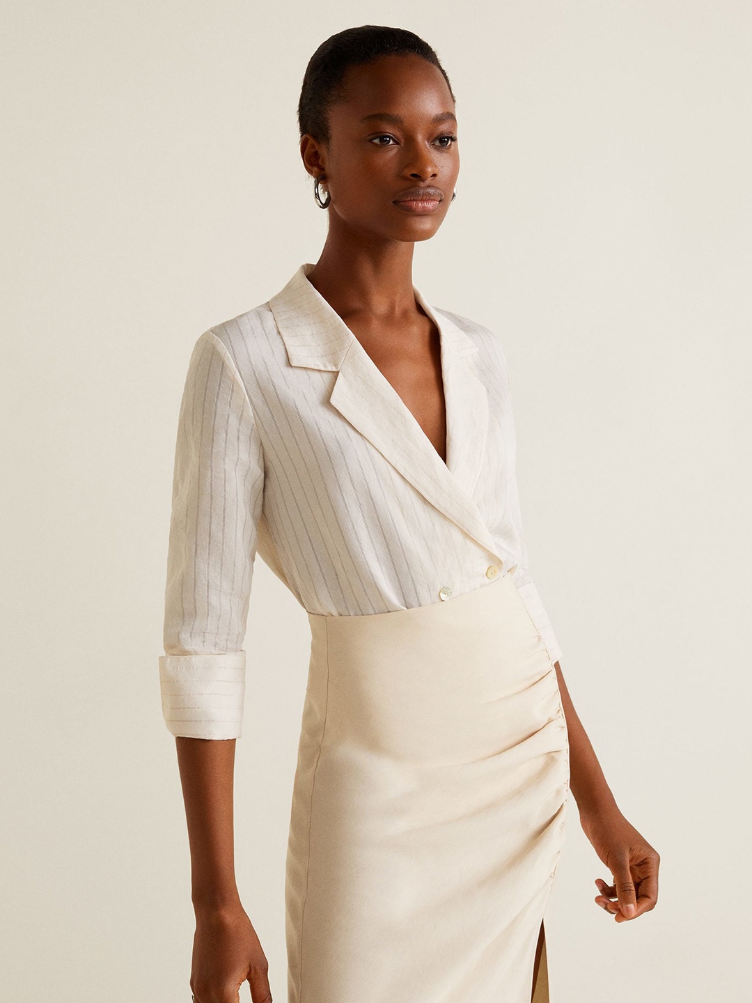 

MANGO Women Off-White Striped Blazer Style Top