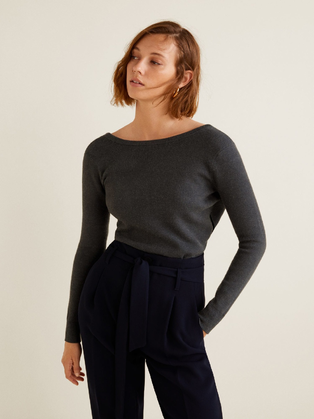

MANGO Women Charcoal Grey Solid Pullover Sweater