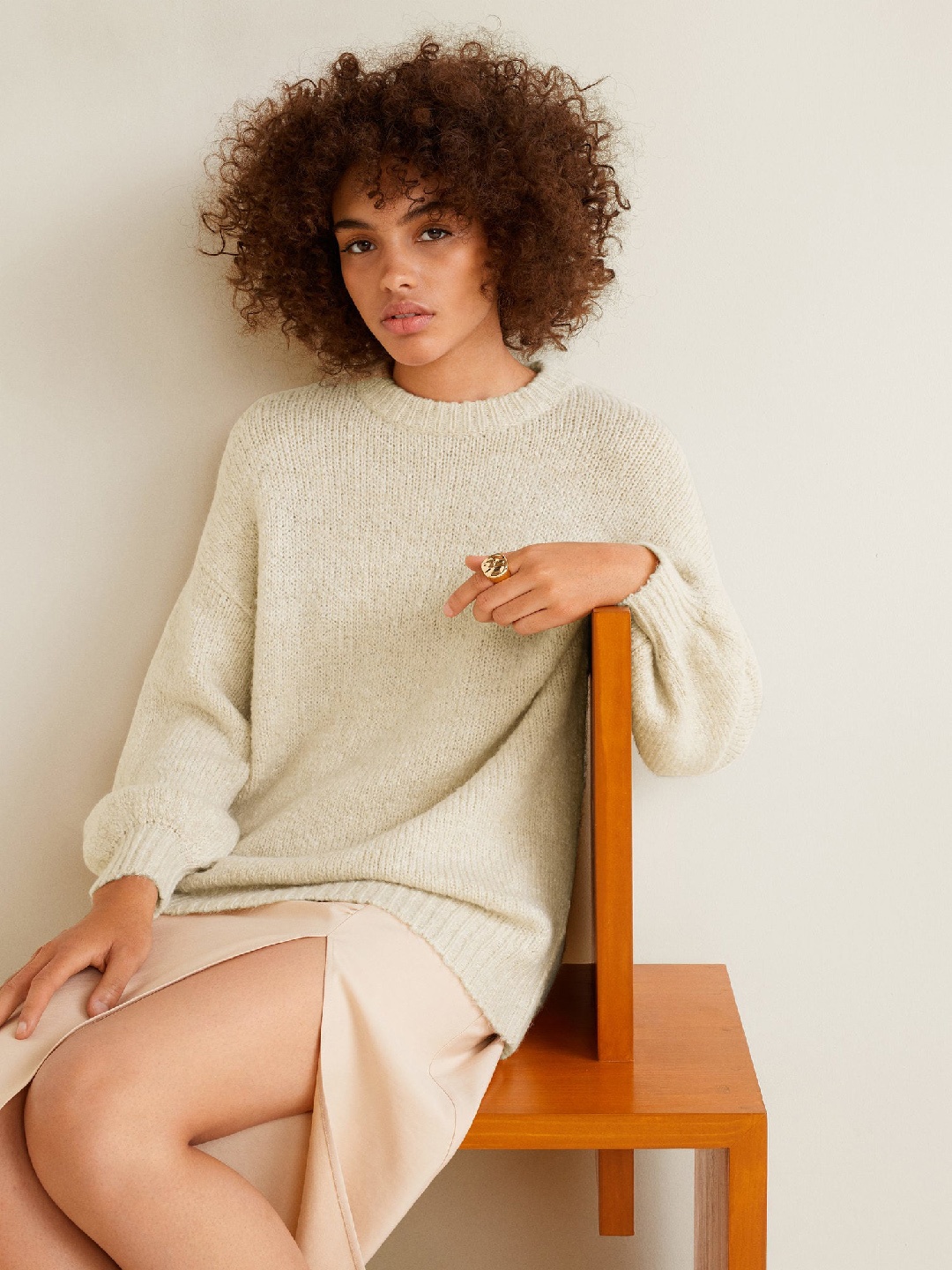 

MANGO Women Off-White Solid Longline Pullover
