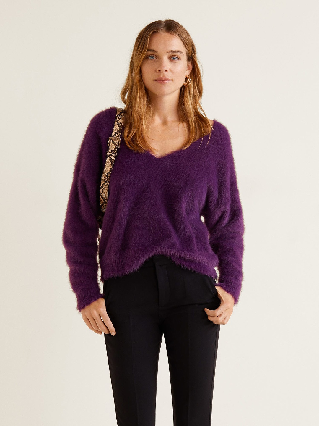 

MANGO Women Purple Solid Fuzzy Pullover