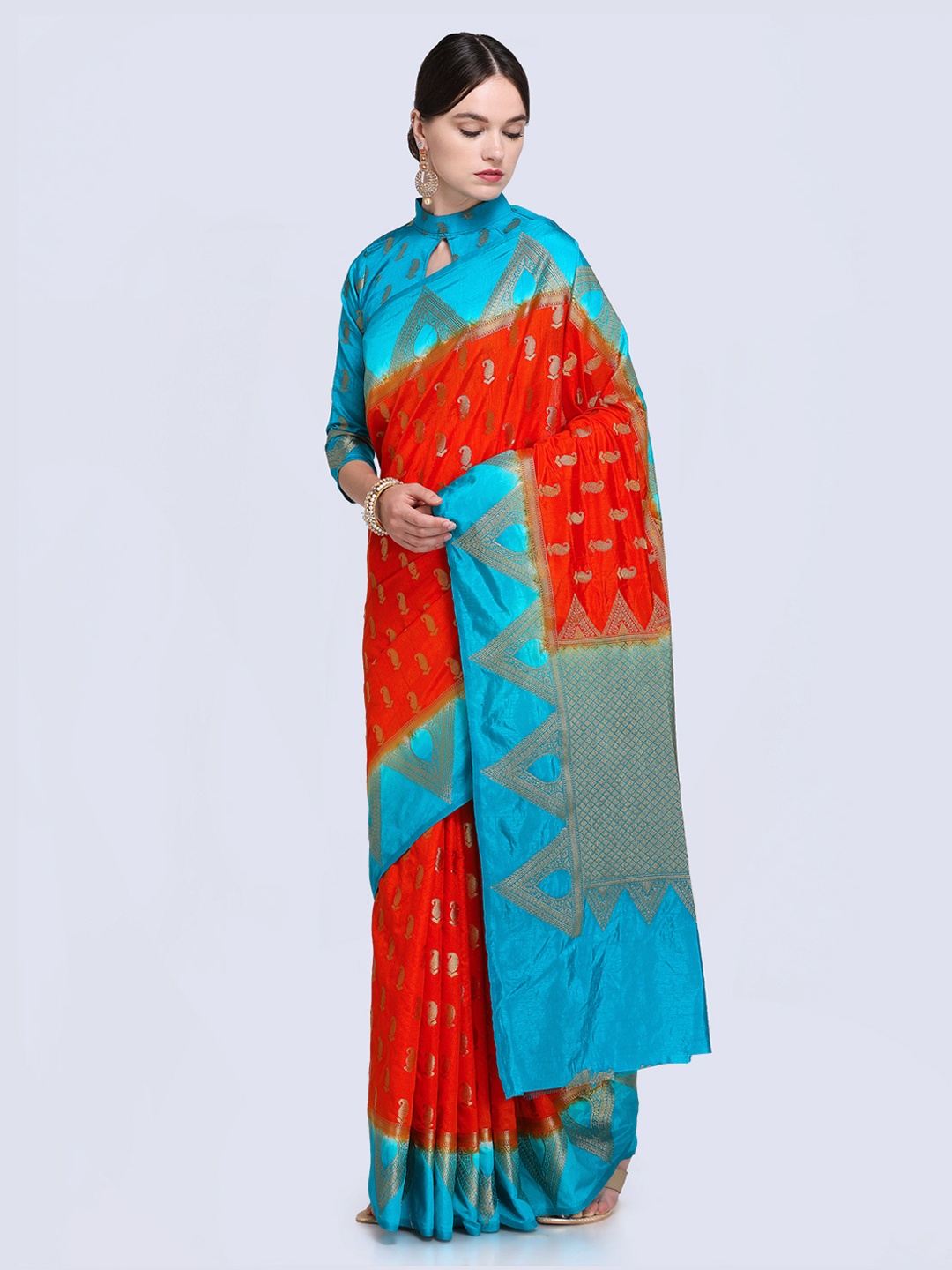 

Saree mall Red & Blue Woven Design Kanjeevaram Saree